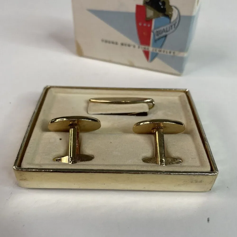 Vintage Foster Fine Jewelry Cufflinks And Tie Clip, Gold, New, Vintage, With Box